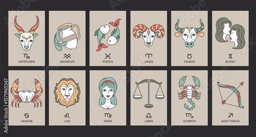 Zodiac signs cards clipart set. Horoscope astrology poster card clip art of 12 birth month pictogram drawing abstract postcard collection vector illustration. 
