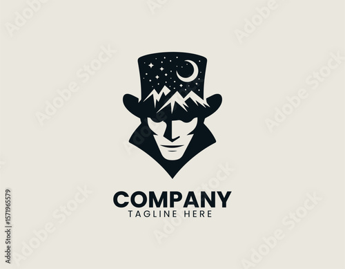 Whimsical Gentleman Top Hat Mountains Night Sky Unique Character Vector Logo Design