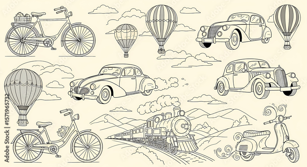 Fototapeta premium Whimsical hand drawn collection of vintage vehicles. Doodle drawings of old bicycles, classic cars, hot air balloons, steam trains and scooters. Simple line art in retro poster style.