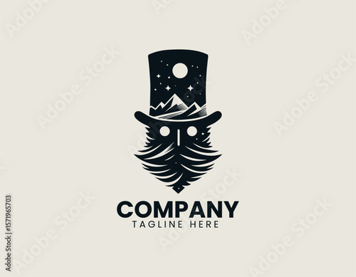 Whimsical Gentleman Top Hat Mountains Night Sky Unique Character Vector Logo Design