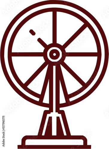 Illustration of a fortune wheel with a pointer and a stand in a single dark red color line art