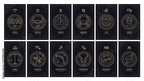 Zodiac horoscope cards clipart set. Astrology zodiac signs poster card clip art of astronomical 12 birth month with border and frame collection vector illustration. 

