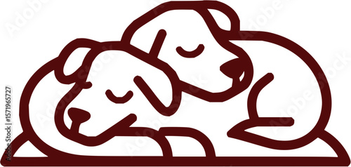 Illustration of two dogs cuddling together in a simple line drawing style with closed eyes sleeping peacefully