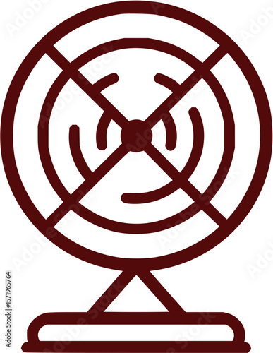 Illustration of a maroon colored vintage fan with a circular guard and a sturdy base design element