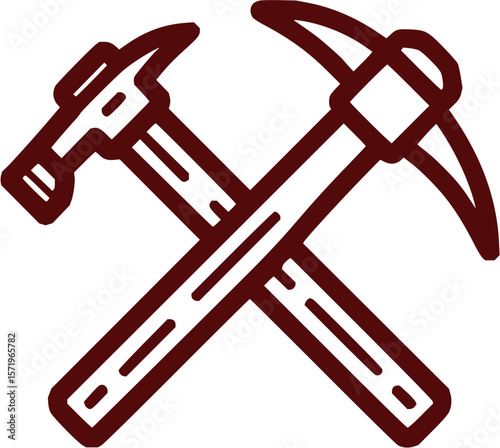 Illustration of a crossed hammer and pickaxe with a dark red outline on a white background design icon