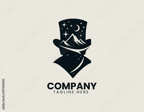 Whimsical Gentleman Top Hat Mountains Night Sky Unique Character Vector Logo Design