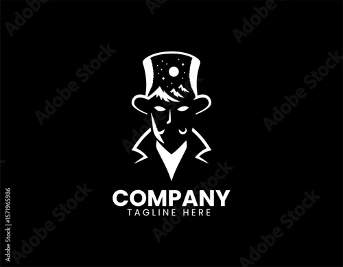 Whimsical Gentleman Top Hat Mountains Night Sky Unique Character Vector Logo Design