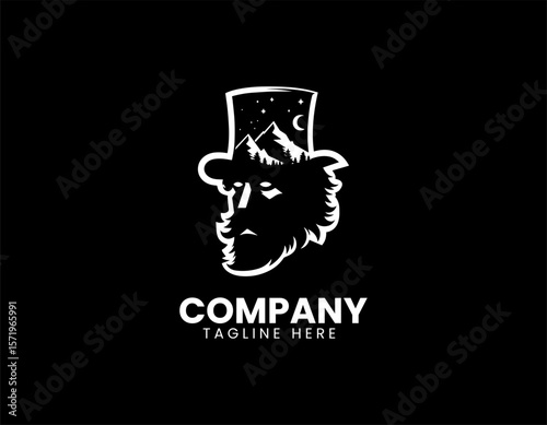 Whimsical Gentleman Top Hat Mountains Night Sky Unique Character Vector Logo Design