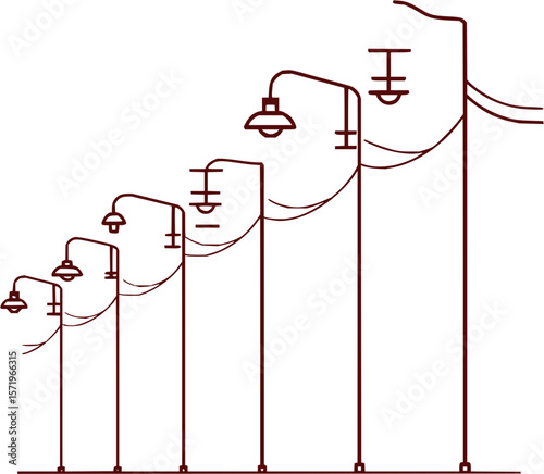Illustration of several streetlights of varying heights with wires connecting them across the scene view