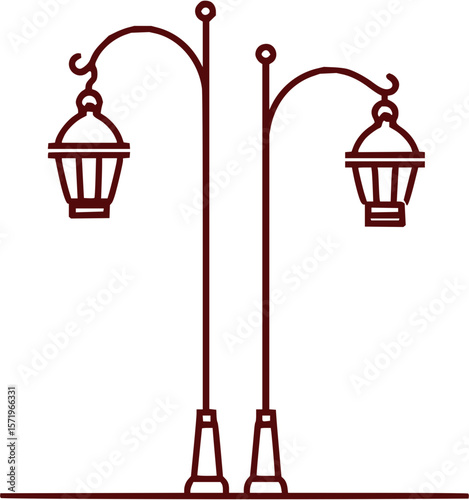 Illustration of two ornate street lamps with curved arms and decorative lamp fixtures design style