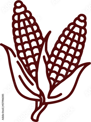 Illustration of two corn cobs with leaves in brown outline on a white background design element