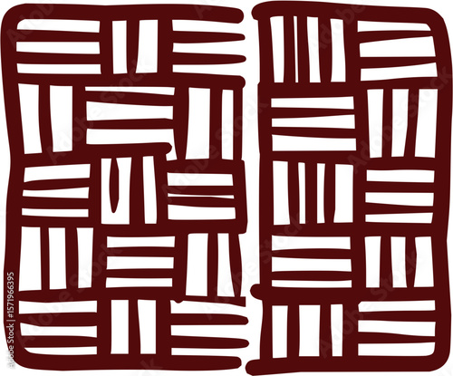 Abstract maroon and white woven pattern with two separate rectangular sections in a rough style design