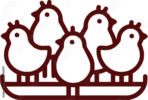 Illustration of five stylized birds perched on a feeder with simple design and brown outline color