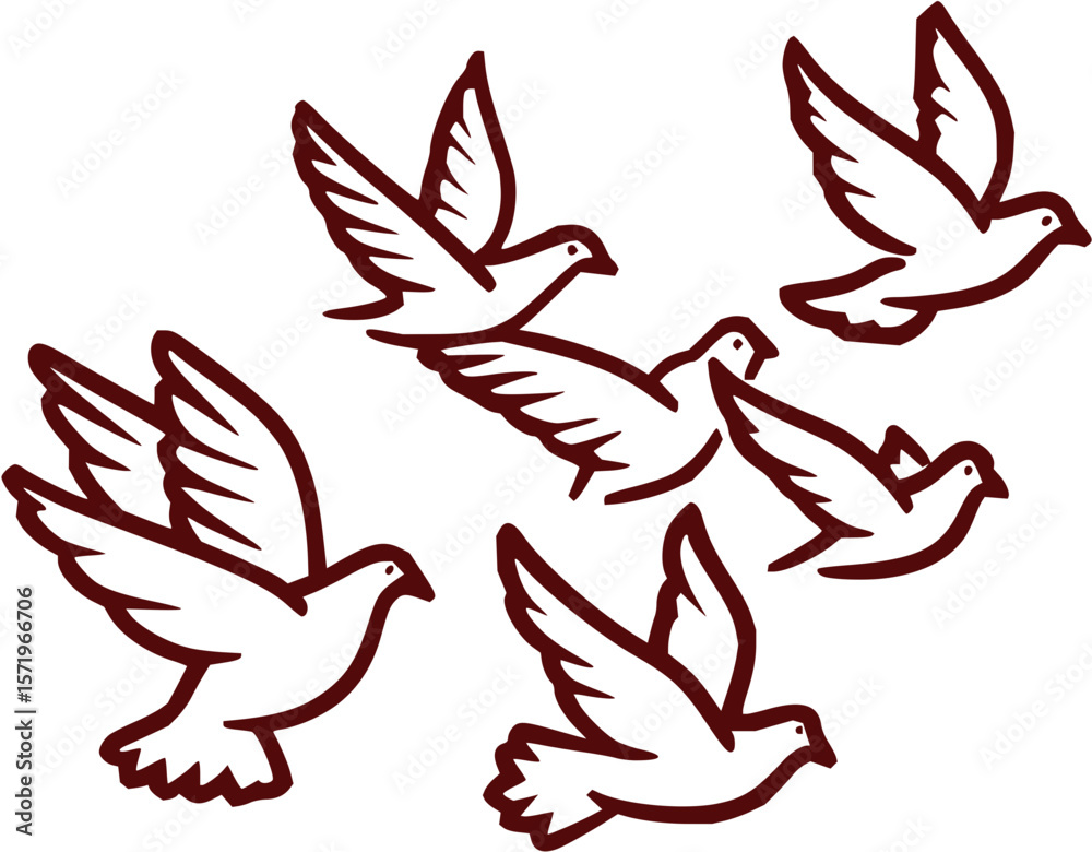 Obraz premium Illustration of a flock of doves in flight with detailed wing outlines against a white background view