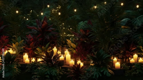 Candlelit Garden with Tropical Plants and String Lights - Romantic Evening Scene