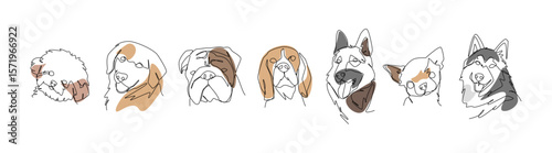 One line drawing of dog portraits. Puppy, retriever, bulldog, beagle, german shepherd, chihuahua, husky. Editable colored vector illustration.