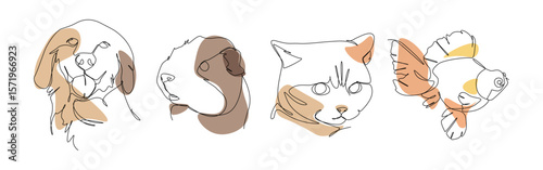 Set of pets in one line drawing style. Dog, guinea pig, cat, and fish. Editable colored vector illustration.