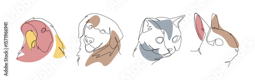 Set of pets in one line drawing style. Bird, dog, cat, and rabbit. Editable vector illustration.