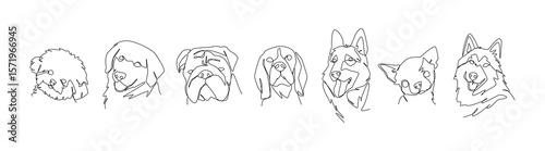 Minimalist one line drawing of dog portraits. Puppy, retriever, bulldog, beagle, german shepherd, chihuahua, husky. Editable vector illustration.