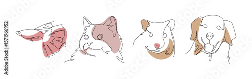 Set of pets in one line drawing style. Fish, cat, hamster, and dog. Editable colored vector illustration.