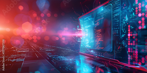 Cybersecurity breach concept on futuristic digital computer interface, Digital hacking and firewall protection on high-tech computer screen, Computer with glowing red-blue matrix interface and cyber d