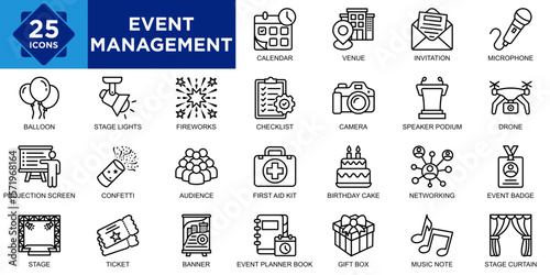 event management, event, business, presentation, conference, seminar icon set. Outline icons collection. Simple vector illustration