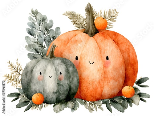 Two pumpkins with cute smiling faces are decorated with foliage for an adorable autumn arrangement.