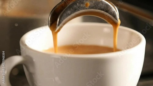 Freshly brewed espresso pouring into a white cup, creating a perfect morning scene.