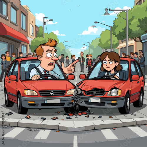Cartoon Illustration of a Car Accident and Angry Drivers