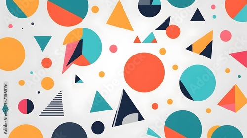 Simple colorful geometric shapes (circles, triangles) placed asymmetrically on a white background — trendy and creative 2