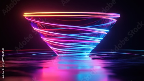 Neon swirl cone on dark reflective surface