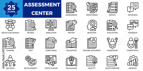 assessment center, business, assessment, employee, office, test icon set. Outline icons collection. Simple vector illustration