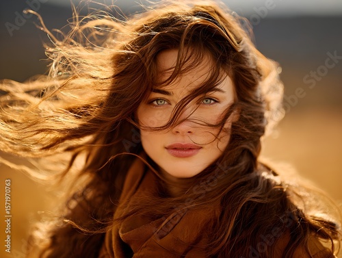 A beautiful young woman with flowing brown hair and striking blue eyes poses outdoors in the warm sunlight.