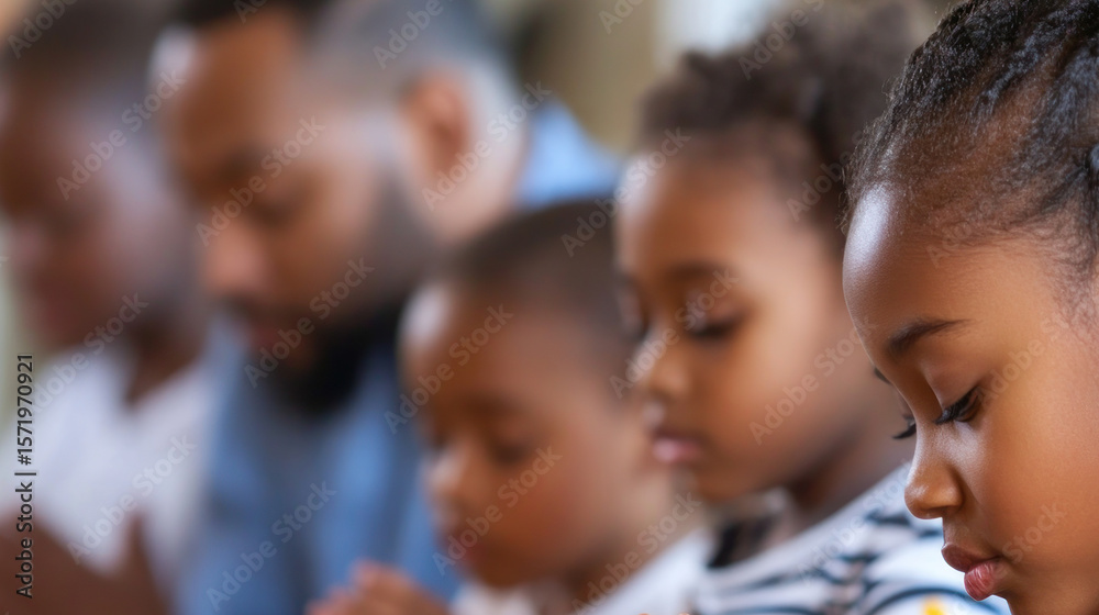 Obraz premium Family praying at dinner table