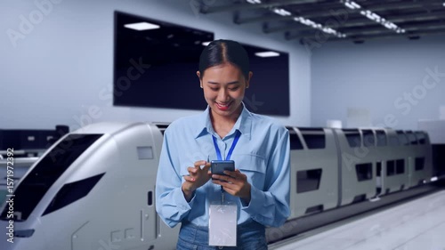 Wallpaper Mural Asian Female With Her Smarphone, Futuristic High Speed Train in a Modern Testing Facility, Work Continuously On Her Device Torontodigital.ca