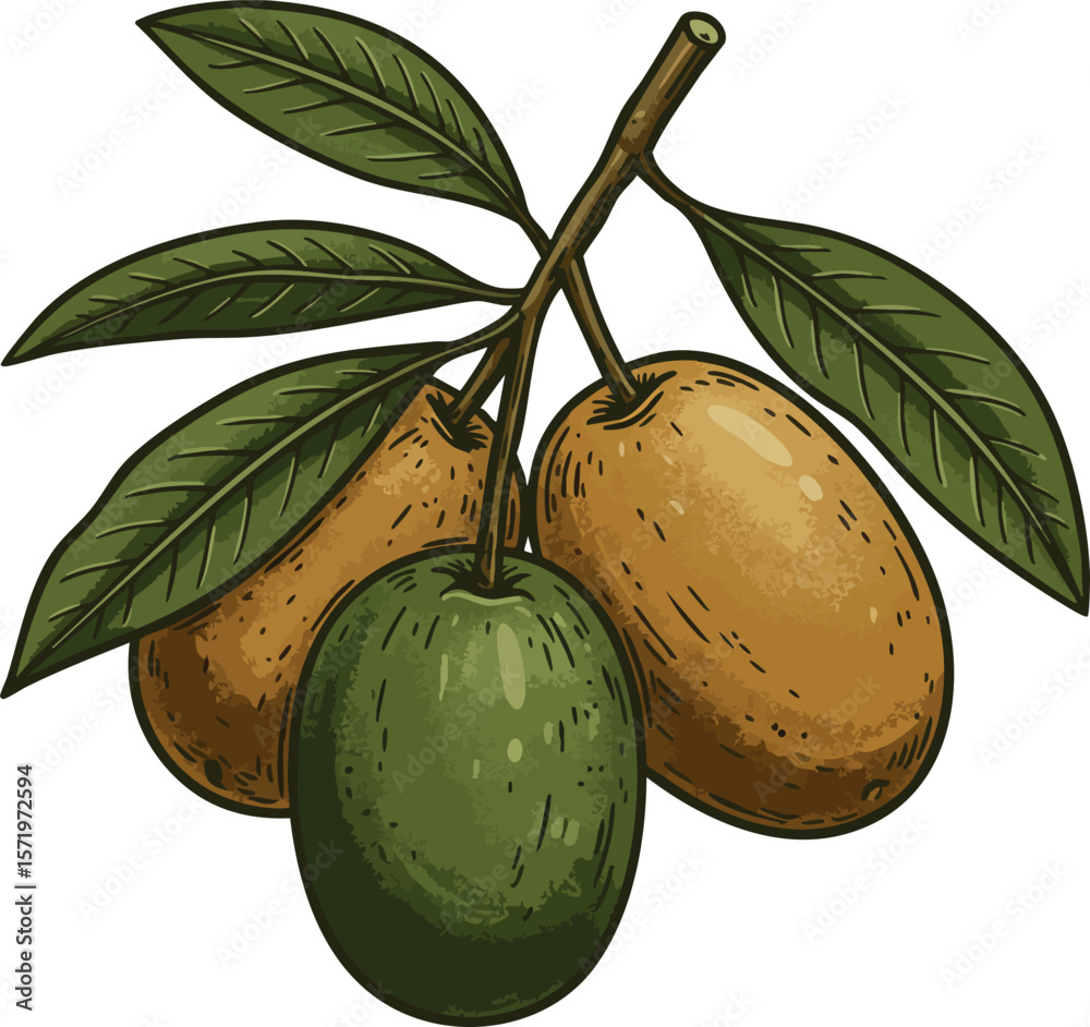 Obraz premium Fresh green and ripe loquat fruits with leaves on branch natural vector illustration