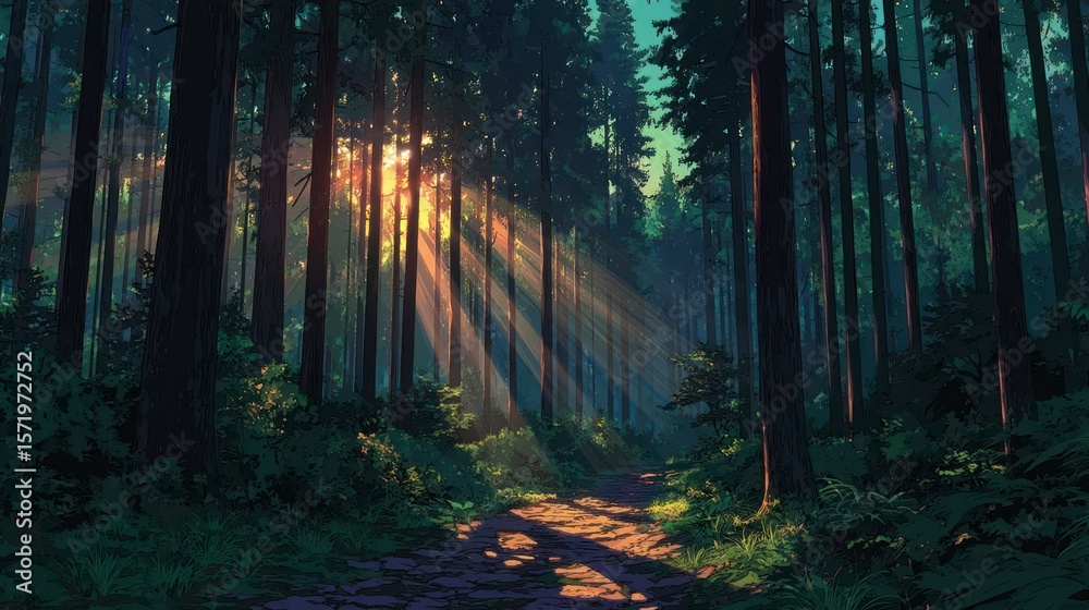 Obraz premium Sunbeams pierce tall trees illuminating a forest path with dappled light
