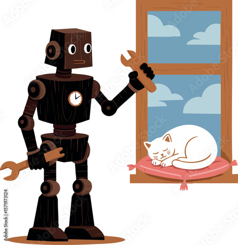 Wooden robot with clock chest near window with sleeping cat on cushion vector illustration