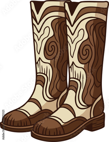 Cowboy boots with brown and cream decorative patterns vector illustration footwear design