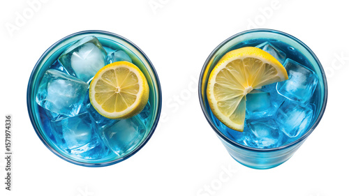 Blue Lagoon Cocktail Shot: Top-down shot of a vibrant blue lagoon cocktail with lemon wedge and ice, served in a tall glass, sharp PNG