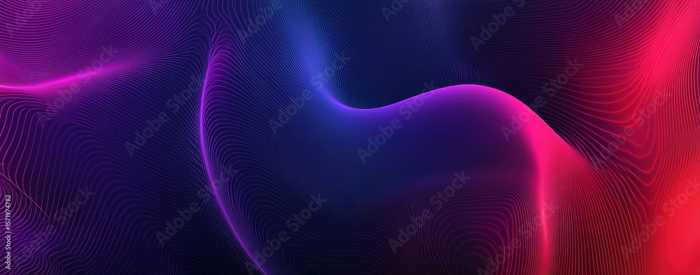Fototapeta premium Abstract digital technology background with connecting dots and lines, AI big data concept vector illustration. Abstract line pattern in pink, red, and blue colors on a dark purple background