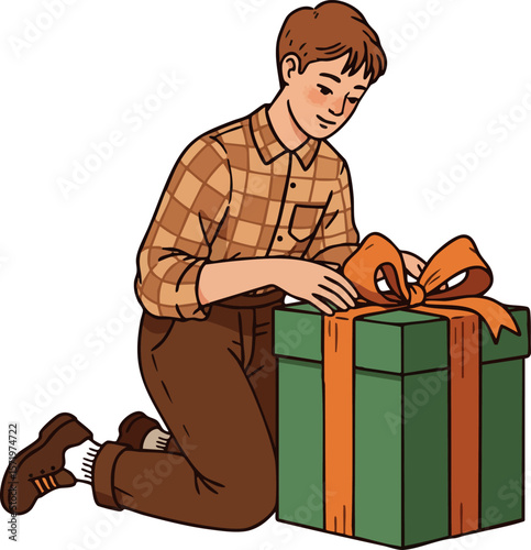 Boy kneeling with large green gift box tied with orange ribbon celebration present opening scene