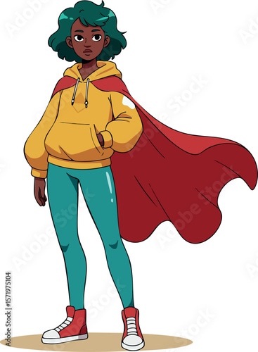 Young confident girl wearing red cape and casual clothes heroic character vector illustration