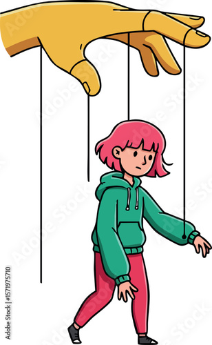 Hand controlling puppet strings with person marionette in green hoodie and red pants vector illustration