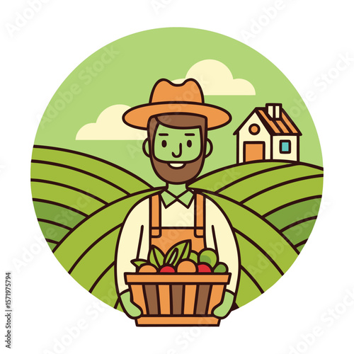 Colorful Cartoon Farm Landscape with Tractor, Barn, and Fields — Vector Illustration