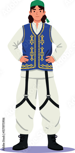 Young person in traditional costume with embroidered vest and green cap standing confidently vector illustration