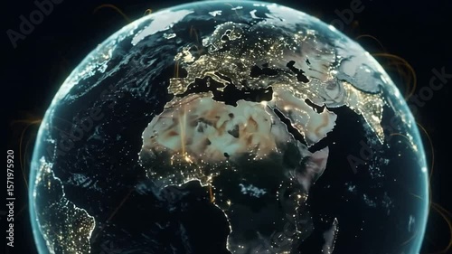 Rotating Globe with Glowing Network Lines Connecting Cities