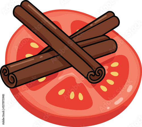 Cinnamon sticks on sliced tomato vector illustration with natural colors and food theme