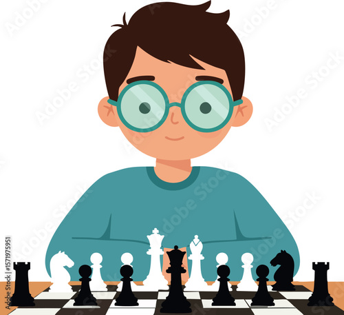 Young boy playing chess focused on strategy and game tactics vector illustration