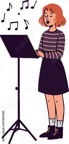 Young woman singing from music stand with musical notes vector illustration